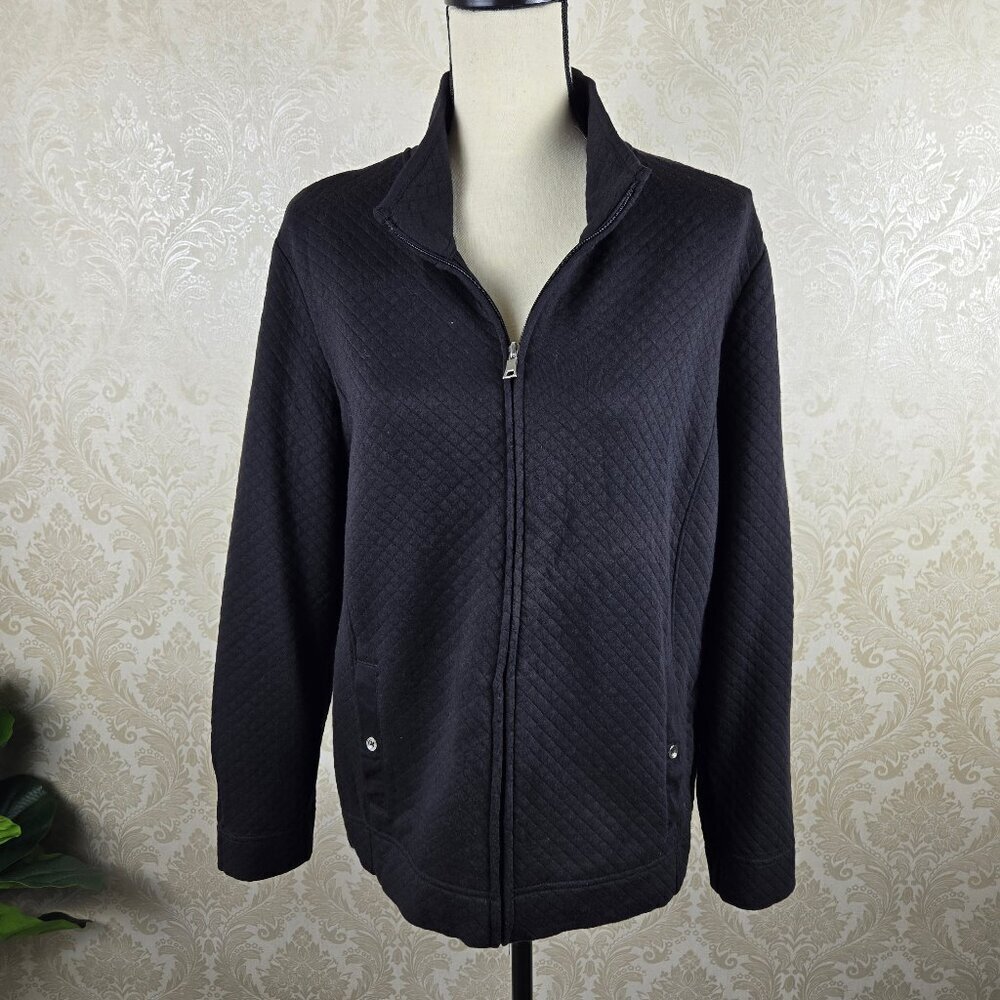 Croft & Barrow Size Petite XL Black Quilted Look Zip Front Jacket Button Pockets